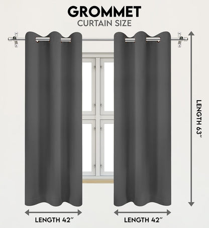 Blackout Curtains for Bedroom, Grommet Window Curtains 63 Inch Length 2 Panels Thermal Insulated Drapes for Living Room (Grey, 42W X 63L Inches)