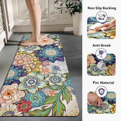Boho Floral Kitchen Rugs Mats for Floor 2 Piece Memory Foam Padded Kitchen Mats anti Fatigue Non Slip Cushioned Comfort Standing Mat, 17.3X28+17.3X47 Inch