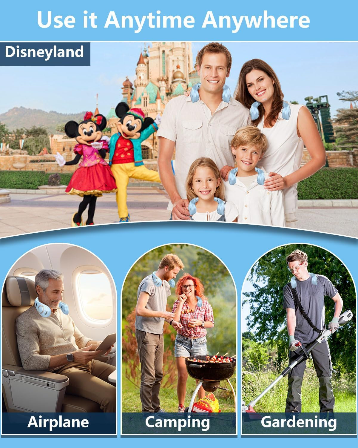 Fan with Water Spray Misting Fan,Neck Fan Rechargeable with LED Display Adjustable Speeds,Foldaway Powerful Soundless Compact Neck Hanging Fans with Water Mist for Travelling outside Blue