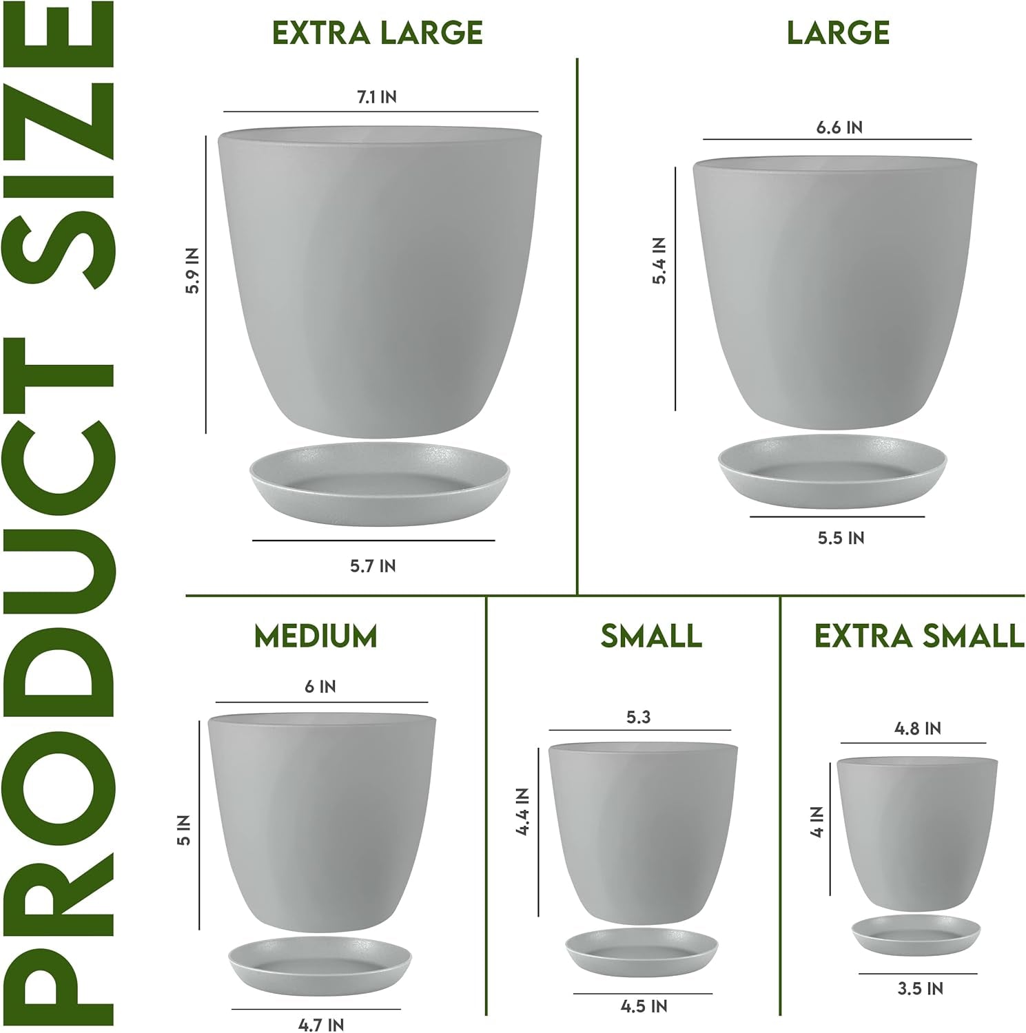 - Plant Pots Indoor with Drainage - 7/6.6/6/5.3/4.8 Inches Flower Pots for Indoor Planter - 5 Pack Plastic Planters - Ideal for Stocking Stuffers or Home Christmas Decorations - Gray