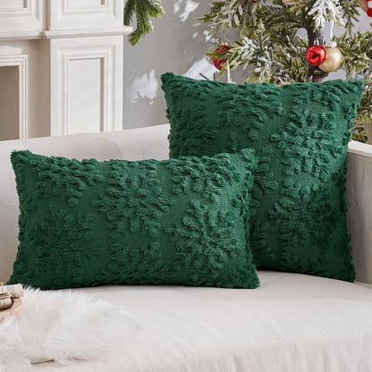 Christmas Dark Green Throw Pillow Covers Snowflakes Decorative 18×18 Inch Faux Wool Winter Festival Couch Pillow Covers Set of 2 Farmhouse Holiday Home Decors for Sofa Livingroom Bed