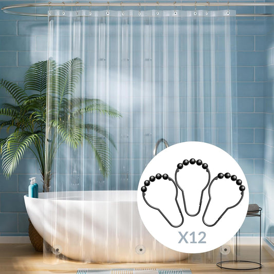 Shower Curtain Rings and Waterproof Lightweight 72 X 72 Inches PEVA Shower Curtain Liner, Clear