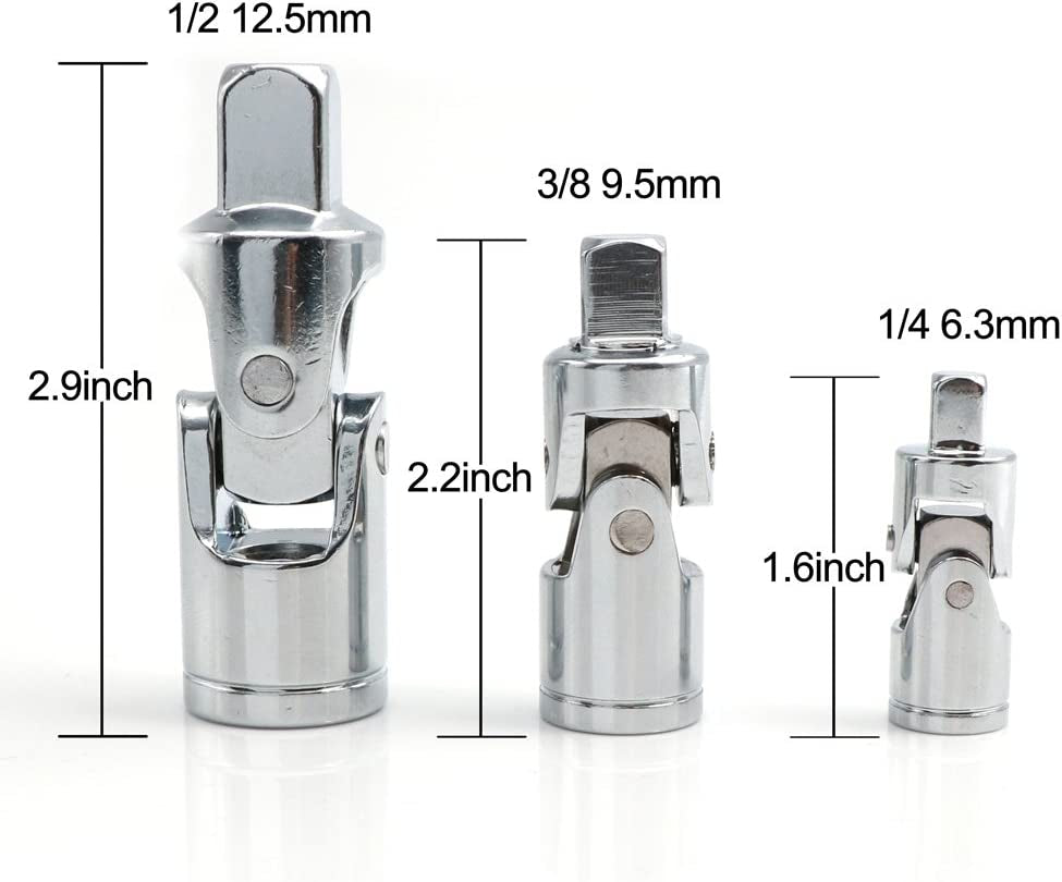 Universal Joint Set, Joint Adapter Ratchet Socket, Universal Sleeve Manual Tool Designed for All the Hexagonal Side Handle, 1/4-Inch, 3/8-Inch, 1/2-Inch Drive Set, 3-Piece, Chrome Vanadium Steel