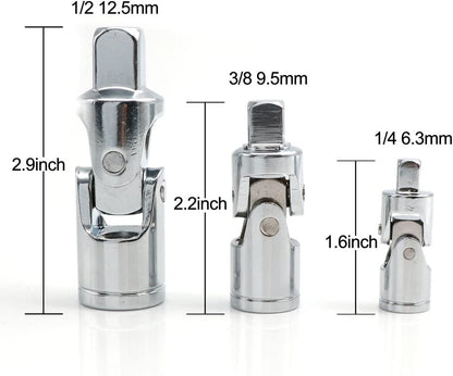 Universal Joint Set, Joint Adapter Ratchet Socket, Universal Sleeve Manual Tool Designed for All the Hexagonal Side Handle, 1/4-Inch, 3/8-Inch, 1/2-Inch Drive Set, 3-Piece, Chrome Vanadium Steel