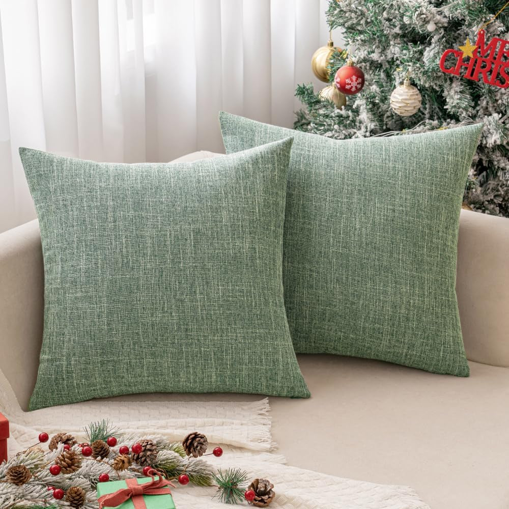 Set of 2 Sage Green Decorative Linen Burlap Pillow Covers for Farmhouse Boho Style, 16x16 Inch Accent Pillowcases for Sofa, Car, Couch, and Bedroom Decor
