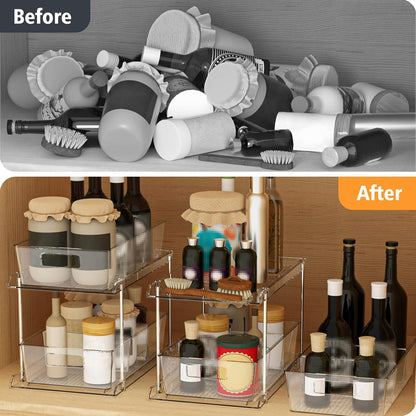 Pull-Out Home Organizer, 2 Pack 2 Tier Clear Bathroom Organizer with Dividers, Multipurpose Vanity Counter Tray, Kitchen, Closet Organizers, Cabinet & Storage Container Bins