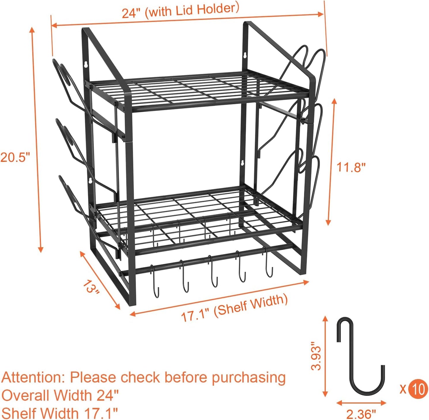 17 Inch Pot Rack Wall Mounted, 2 Tier Pots and Pans Organizer with 10 Hooks and 6 Pot Lid Holders, Heavy Duty Steel Pot and Pan Hanger for Kitchen Cookware Utensils Storage 24" Lx13 Wx20.5 H