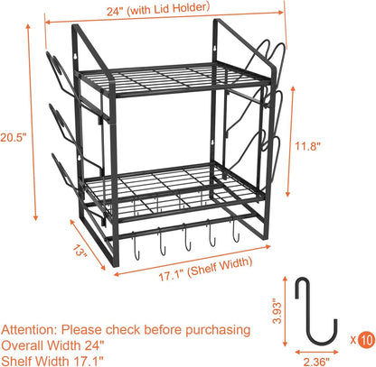 17 Inch Pot Rack Wall Mounted, 2 Tier Pots and Pans Organizer with 10 Hooks and 6 Pot Lid Holders, Heavy Duty Steel Pot and Pan Hanger for Kitchen Cookware Utensils Storage 24" Lx13 Wx20.5 H