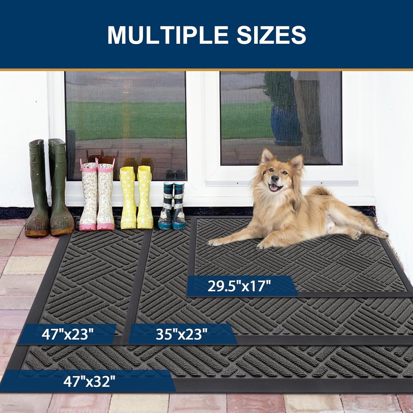 Front Door Mat outside Entrance, Heavy Duty Sturdy Natural Rubber Doormat, 29.5X17 Inch, Grey and Black, 2 Item Bundle