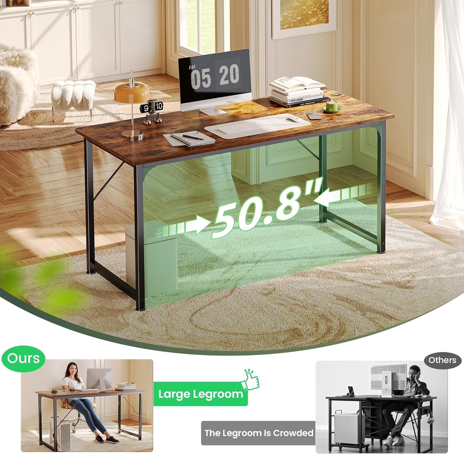 55-Inch Modern Home Office Desk with Sturdy Metal Frame and Ample Legroom, Rustic Brown Finish, Ideal for Gaming and Writing