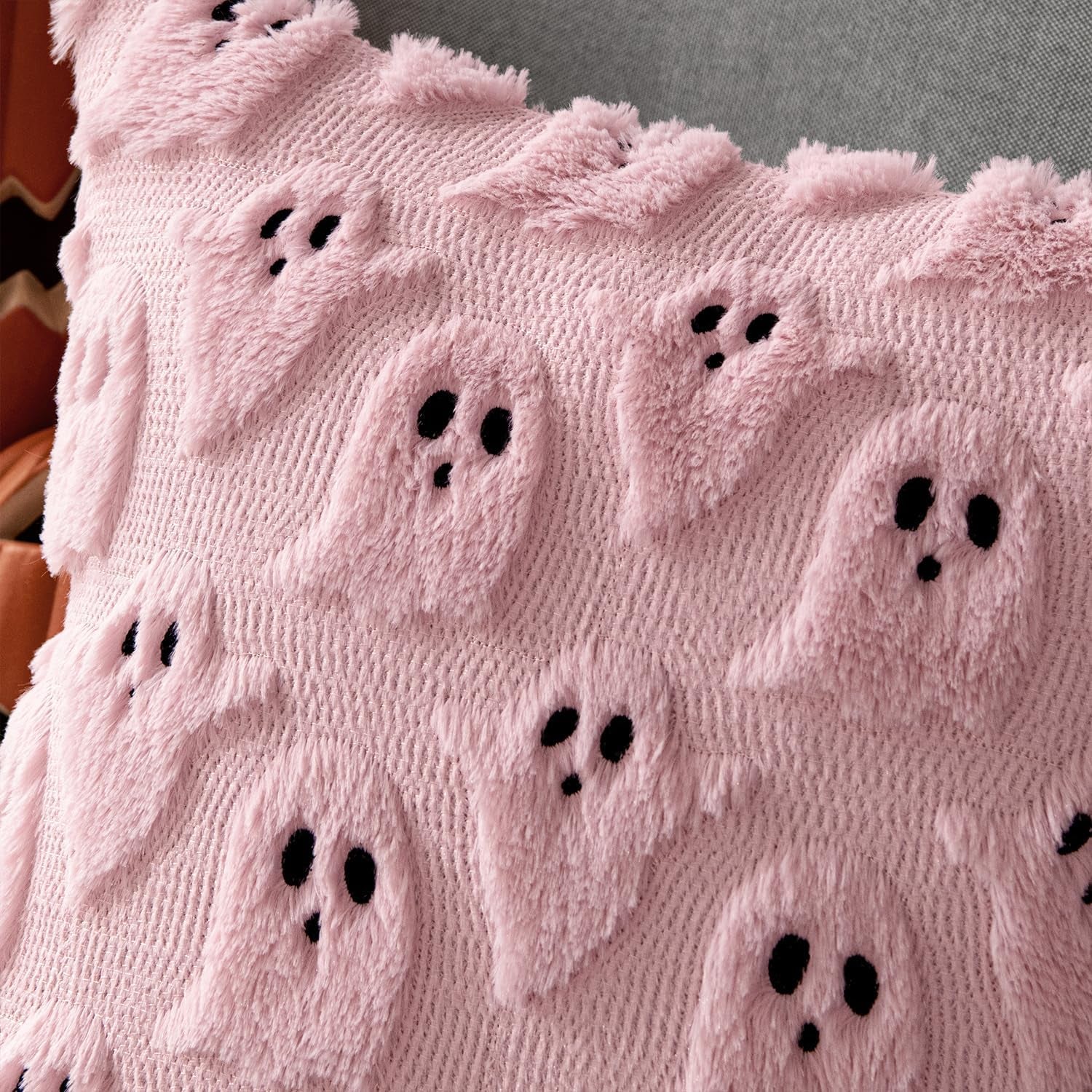 Halloween Decorative Pillow Covers - Set of 2 Soft Plush Faux Fur Ghost Design Cushions for Couch, Sofa, Bed, and Porch - 18x18 Inch Pink