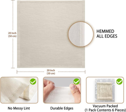 Cheese Cloths, 6PCS, Grade 100,20X20Inch Hemmed Cheese Cloth Fabric Reusable Fine Mesh Cloth, 100% Cotton Unbleached Precut Muslin Cheesecloth for Straining, Cooking, Yogurt, Juicing