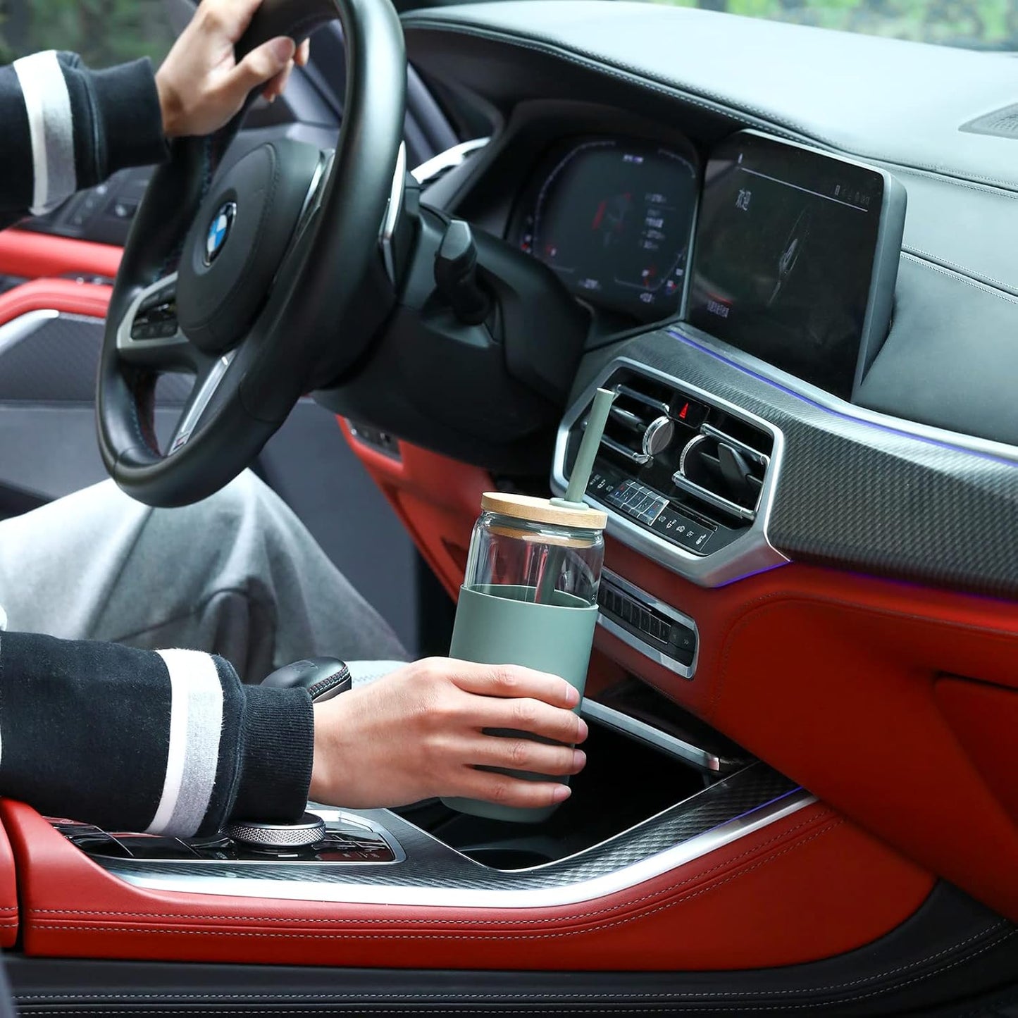 20Oz Glass Water Tumbler with Silicone Protective Sleeve - Beer Shaped Glass Cups with Straw and Bamboo Lid, Iced Coffee Glasses, Cute Drinking Glasses for Water, Smoothie, Gift - Cambridge Blue