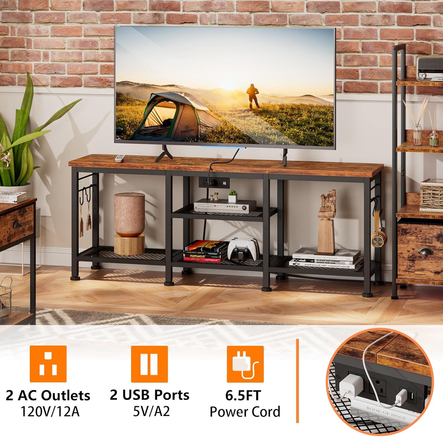 TV Stand with Power Outlets, Entertainment Center with Open Storage Shelves for Tvs up to 55 Inch, Media Console Table with Soundbar Shelf for Living Room, Bedroom, Rustic Brown
