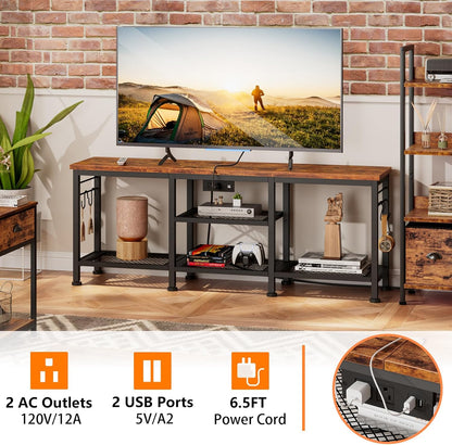 TV Stand with Power Outlets, Entertainment Center with Open Storage Shelves for Tvs up to 55 Inch, Media Console Table with Soundbar Shelf for Living Room, Bedroom, Rustic Brown