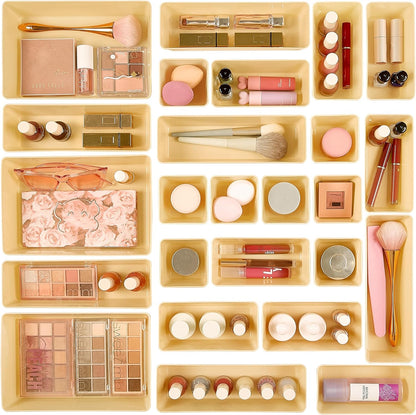 25 PCS Plastic Drawer Organizers Set, 4-Size Versatile Bathroom and Vanity Drawer Organizer Trays, Storage Bins for Makeup, Bedroom, Kitchen Gadgets Utensils and Office