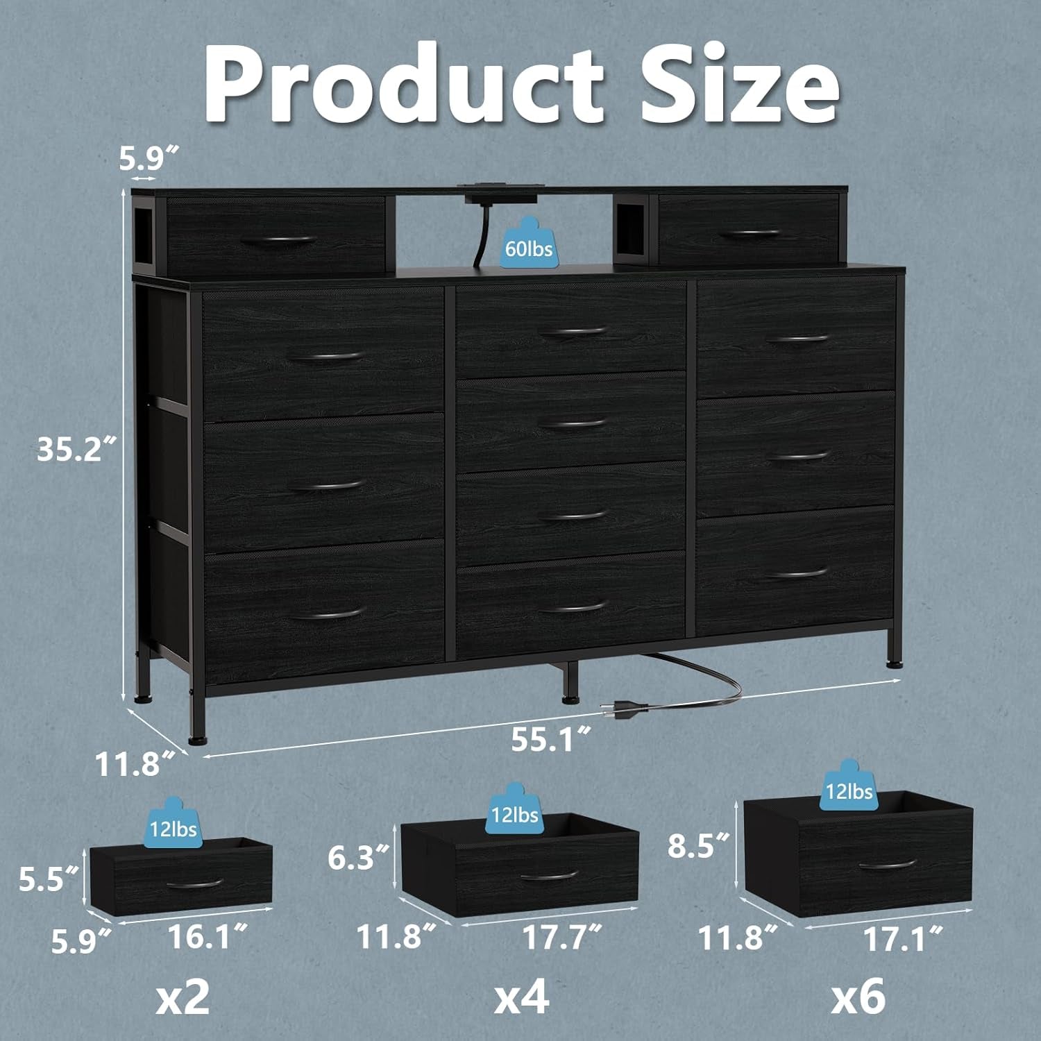 55-Inch Black Dresser with LED Lighting and Power Outlets, Featuring 12 Storage Drawers and 2 Shelves, Ideal for Bedroom, Living Room, or Entryway, Wooden Top with Metal Frame