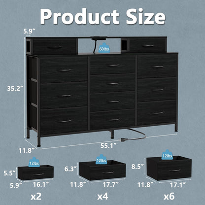 55-Inch Black Dresser with LED Lighting and Power Outlets, Featuring 12 Storage Drawers and 2 Shelves, Ideal for Bedroom, Living Room, or Entryway, Wooden Top with Metal Frame