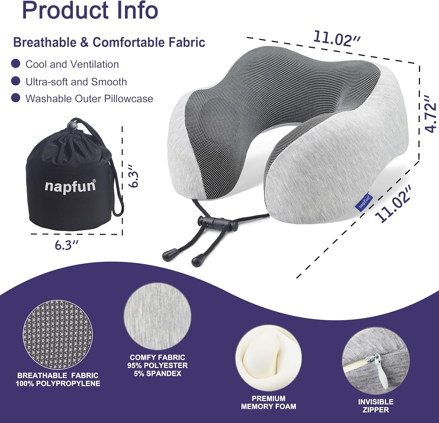 Neck Pillow for Traveling, Upgraded Travel Neck Pillow for Airplane 100% Pure Memory Foam Travel Pillow for Flight Headrest Sleep, Portable Plane Accessories, Light Grey