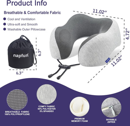 Neck Pillow for Traveling, Upgraded Travel Neck Pillow for Airplane 100% Pure Memory Foam Travel Pillow for Flight Headrest Sleep, Portable Plane Accessories, Light Grey