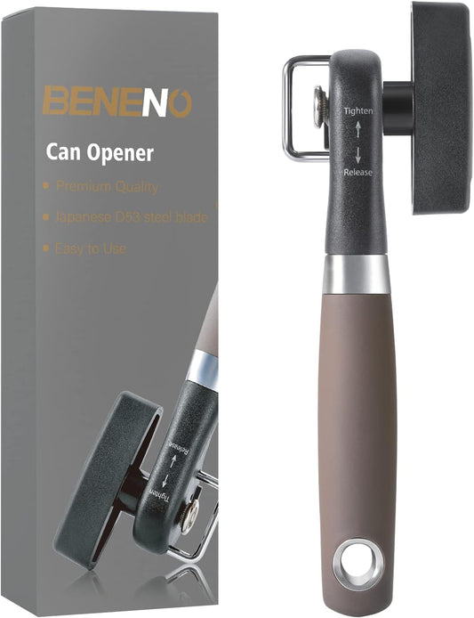 Can Opener, Manual Side Safe Cut Can Opener Smooth Edge with Durable Sharp Blade, Effort-Saving Knob & Comfortable Non-Slip Handle, Brown