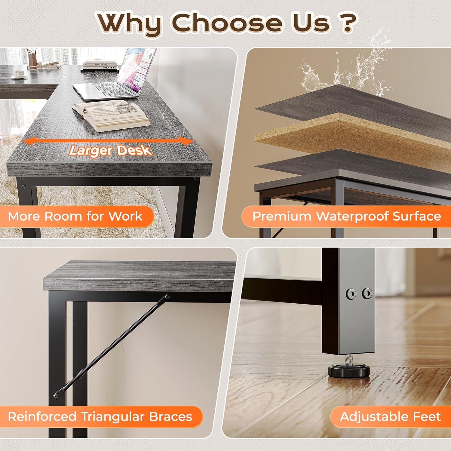 63-Inch L-Shaped Desk with Integrated Power Outlets and USB-C Port, Reversible Design, Spacious Corner Gaming and Office Desk, 0.95-Inch Thick Desktop, Sturdy Metal Frame, Ideal for Home Office and Study, Grey