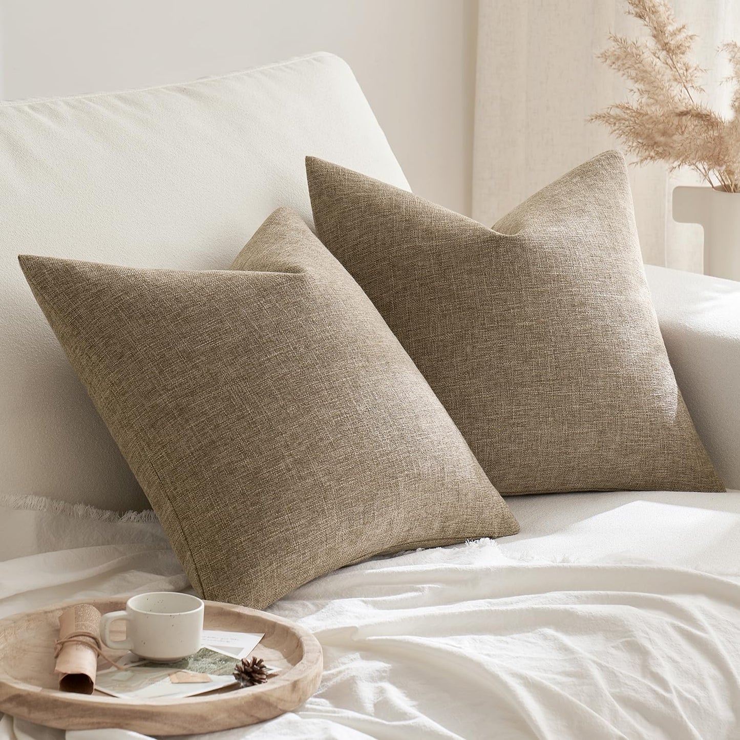 Pack of 2 Decorative Farmhouse Linen Pillow Covers Rustic Boho Accent Outdoor Couch Throw Pillow Covers for Cushion Bed Sofa Living Room Home Decor 20X20 Inch Brown