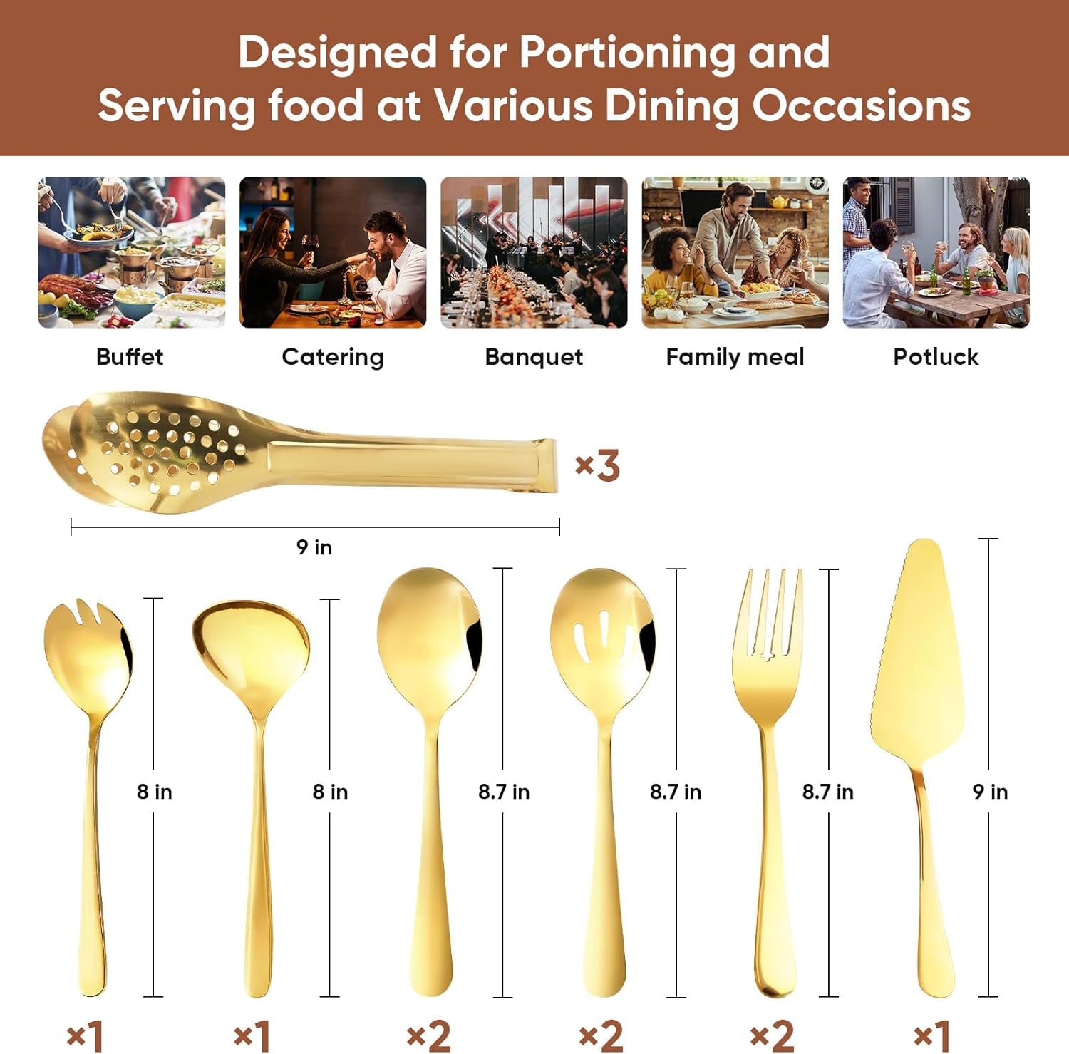 Gold Serving Utensils Set, 12 Pack Polished Stainless Steel, Includes Spoons, Forks, Tongs, Ladle, Cake Server (Gold)