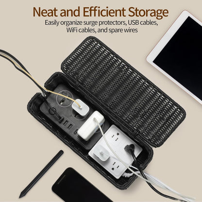 Cable Management Box, Handmade Rattan Cable Organizer, Power Cord Hider Box with 2 Open Slots, Desk Cord Organizer for Computer Router USB Hub Wire & Power Strip, 12.5"Lx 5.1" Wx 5.1"H, Black