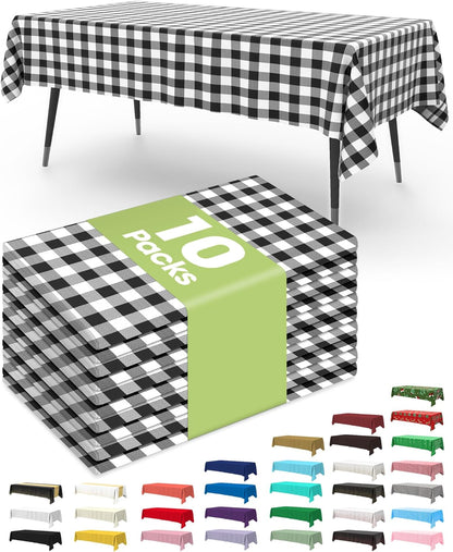 Plastic Table Cloth Disposable 10 Pack, 54 X 108 Inch Table Cloths, Party, Picnic, Decorative Gingham Tablecloths, Rectangle, Black and White Checkered Cover, Leakproof & Sturdy, Black Plaid