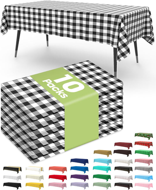 Plastic Table Cloth Disposable 10 Pack, 54 X 108 Inch Table Cloths, Party, Picnic, Decorative Gingham Tablecloths, Rectangle, Black and White Checkered Cover, Leakproof & Sturdy, Black Plaid