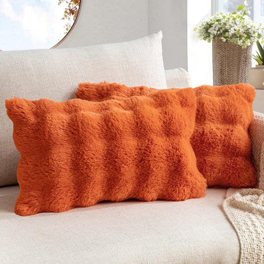 Set of 2 Luxurious Burnt Orange Faux Fur Lumbar Pillow Covers for Home Decor, 12x20 Inches, Ideal for Couch, Bedroom, and Living Room