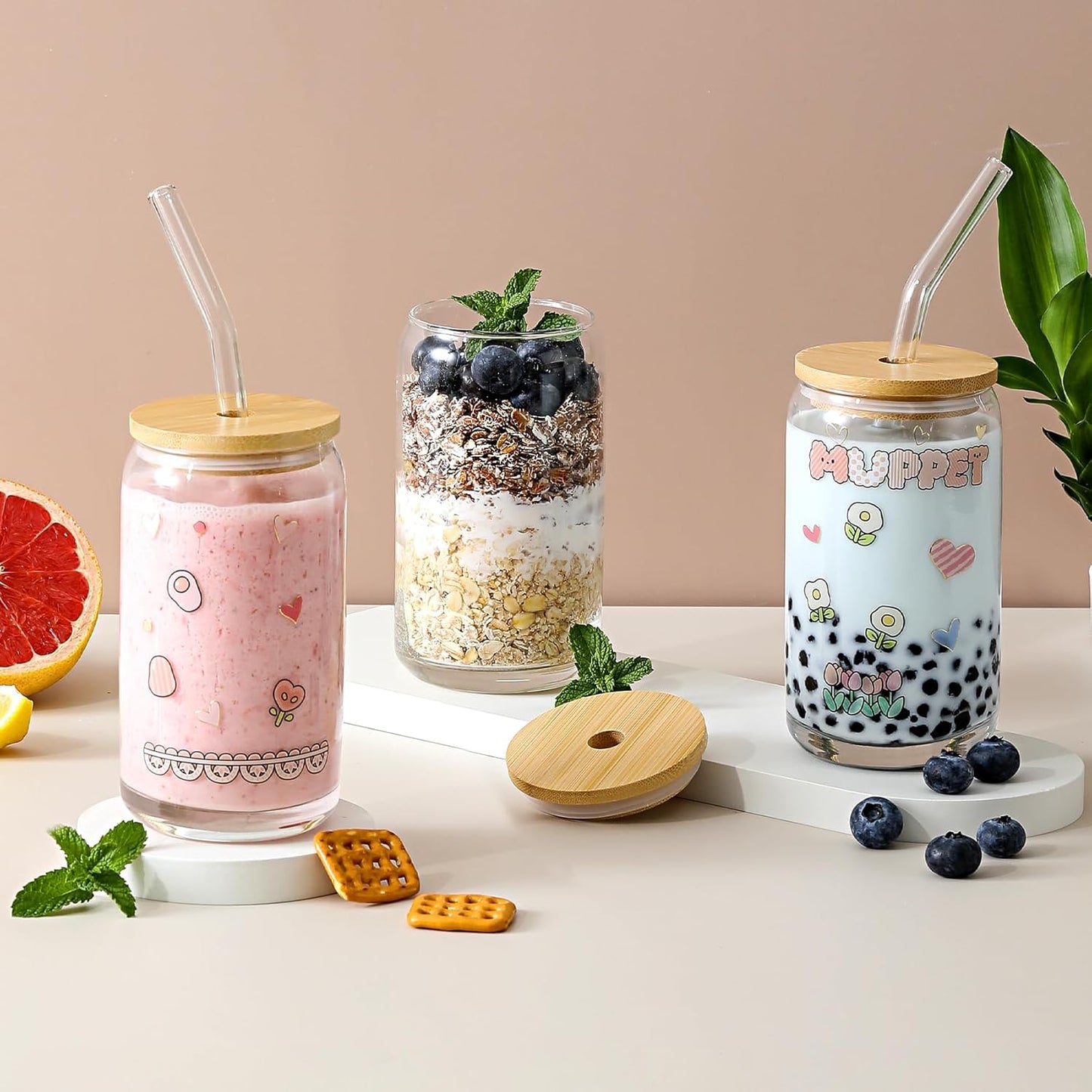[ 6Pcs Set ] Glass Cups with Bamboo Lids and Glass Straw - Beer Shaped Drinking Glasses, 16 Oz Iced Coffee Glasses, Cute Tumbler Cup for Smoothie, Boba Tea, Whiskey, Water - 2 Cleaning Brushes