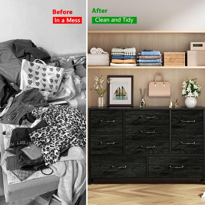 Bedroom Dresser with Nine Spacious Drawers - 55-Inch Long Chest TV Stand and Entertainment Center, Wood Shelf Storage Solution for Living Room, Dorm, Closet, and Entryway, Featuring a Sturdy Metal Frame in Black Oak