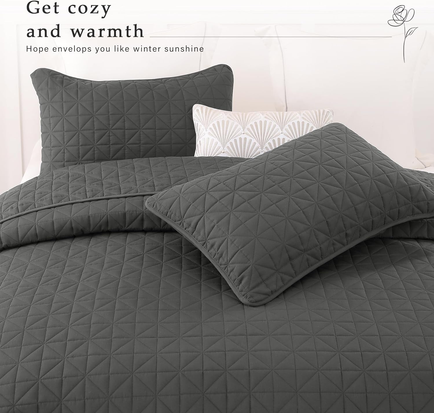 Queen Size Quilted Bedding Set with Stitched Grid Design, Lightweight Grey Bedspread and Pillow Shams for Year-Round Comfort (Includes 1 Quilt and 2 Pillow Shams)
