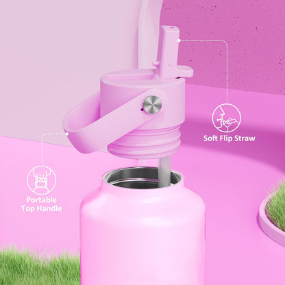 24 Oz Double Walled Water Bottle for Women: Leakproof, Cup Holder Friendly, Standard Mouth, Top Handle, Insulated Stainless Steel Flask for Student, Teacher, Nurse, Commuter, Bag, Home (Cloudy Rose)