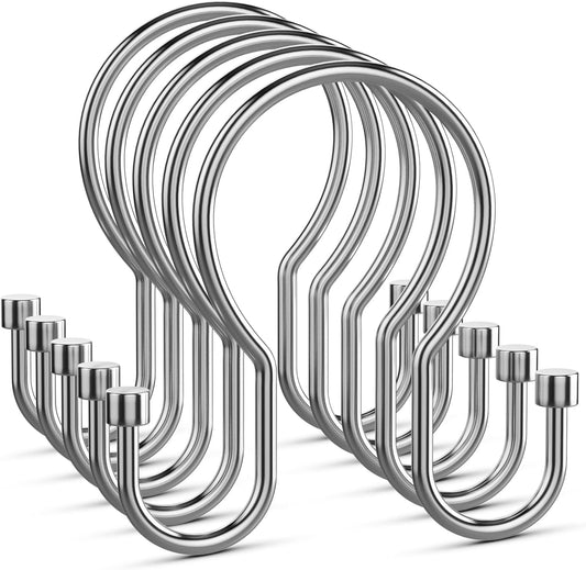 Shower Curtain Hooks, Black Shower Curtain Rings, Sturdy Simple Double Hook Shower Curtain Hooks Rust Proof, Smooth Gliding Metal Shower Hooks for Shower Curtain Rod (Chrome, 12 Pack)
