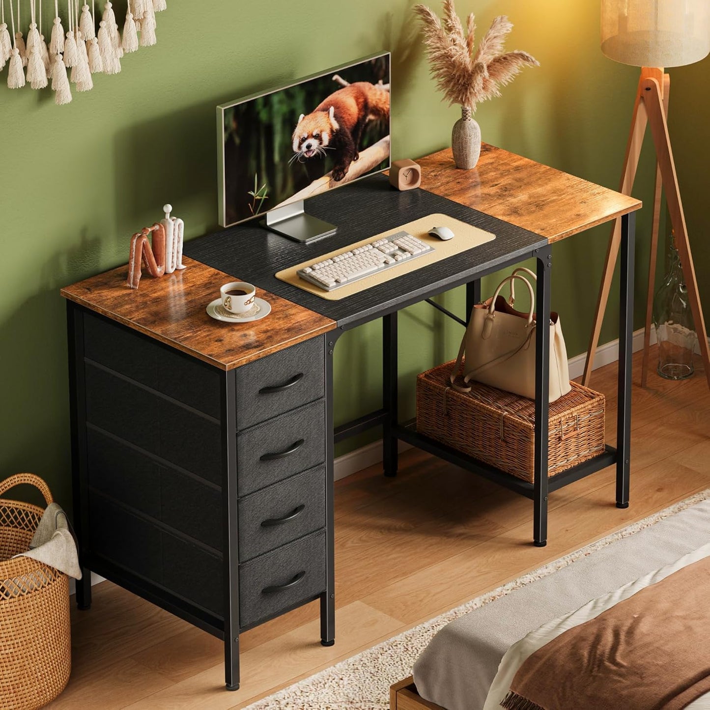 47-Inch Computer Desk with Four Drawers and Mesh Shelf, Versatile Office and Gaming Desk with Ample Storage for Home Office, Study, and Bedroom, Rustic Brown and Black Finish