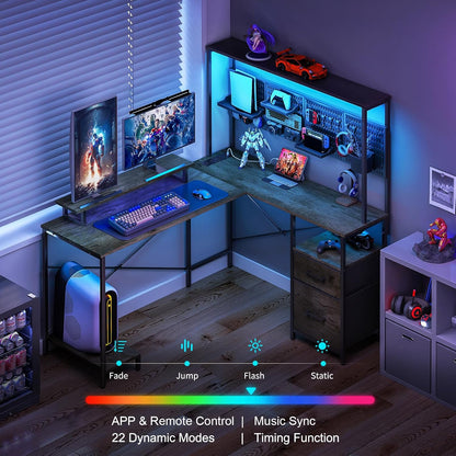 L Shaped Gaming Desk with Pegboard, Reversible Computer Desk with Drawers & Storage Shelves, LED Lights & Power Outlets, Office Desk with Monitor Stand Corner Desk Home Office Desks