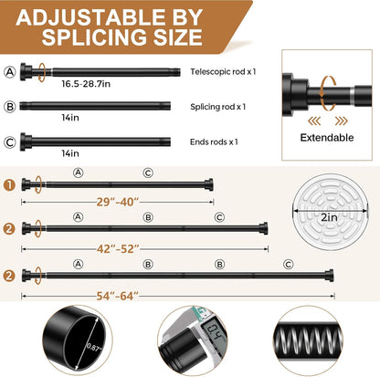 Black Spring Tension Curtain Rod No Drilling 30-63Inch 1Pcs,Non-Slip Adjustable Tension Rod,Tension Rods for Windows Non-Rust,Spring Curtain Tension Rod Extendable Window Tension Rod