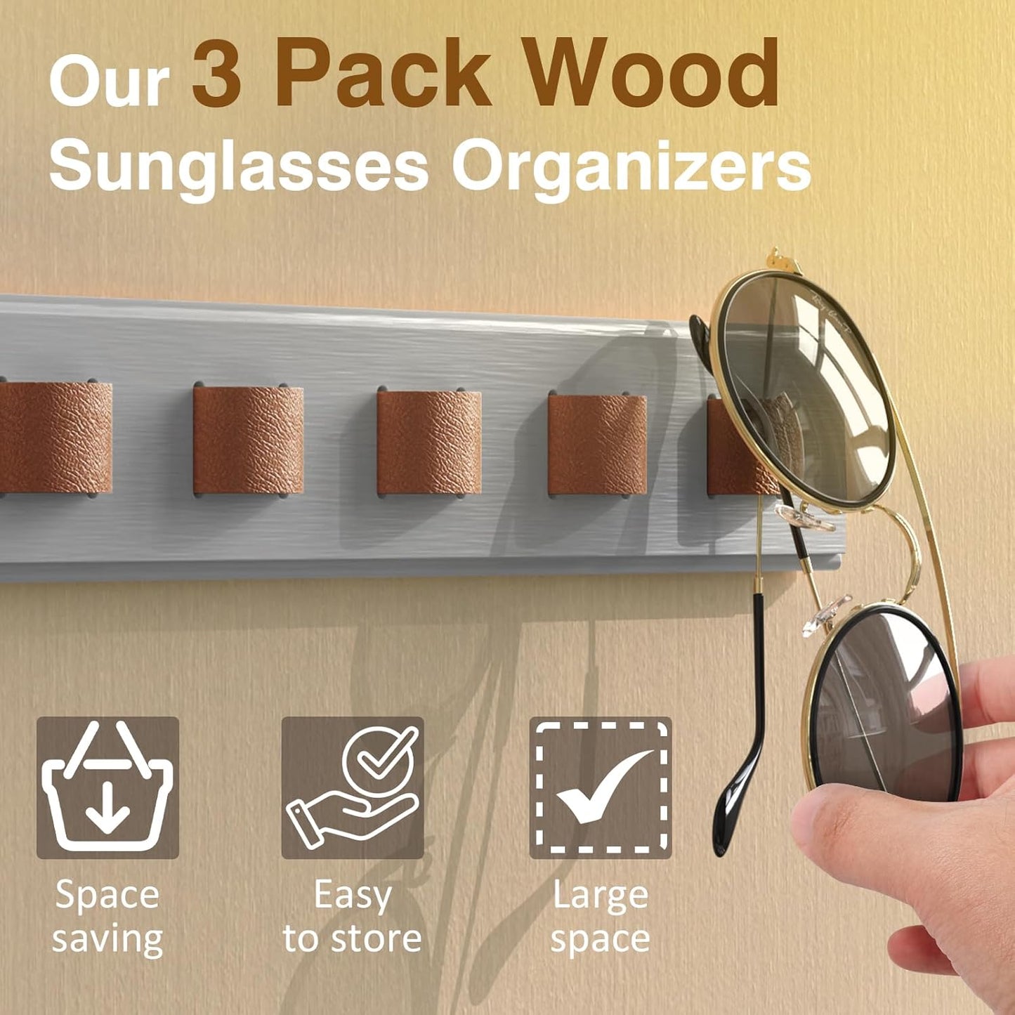3 Pack Sunglass Organizer, Wall Mounted Sunglasses Organizer, Wooden Glasses Holder Sunglass Holder, Sunglasses Rack for Hanging Your Multiple Eyeglasses, for Wall, Home Decor(Light Grey)