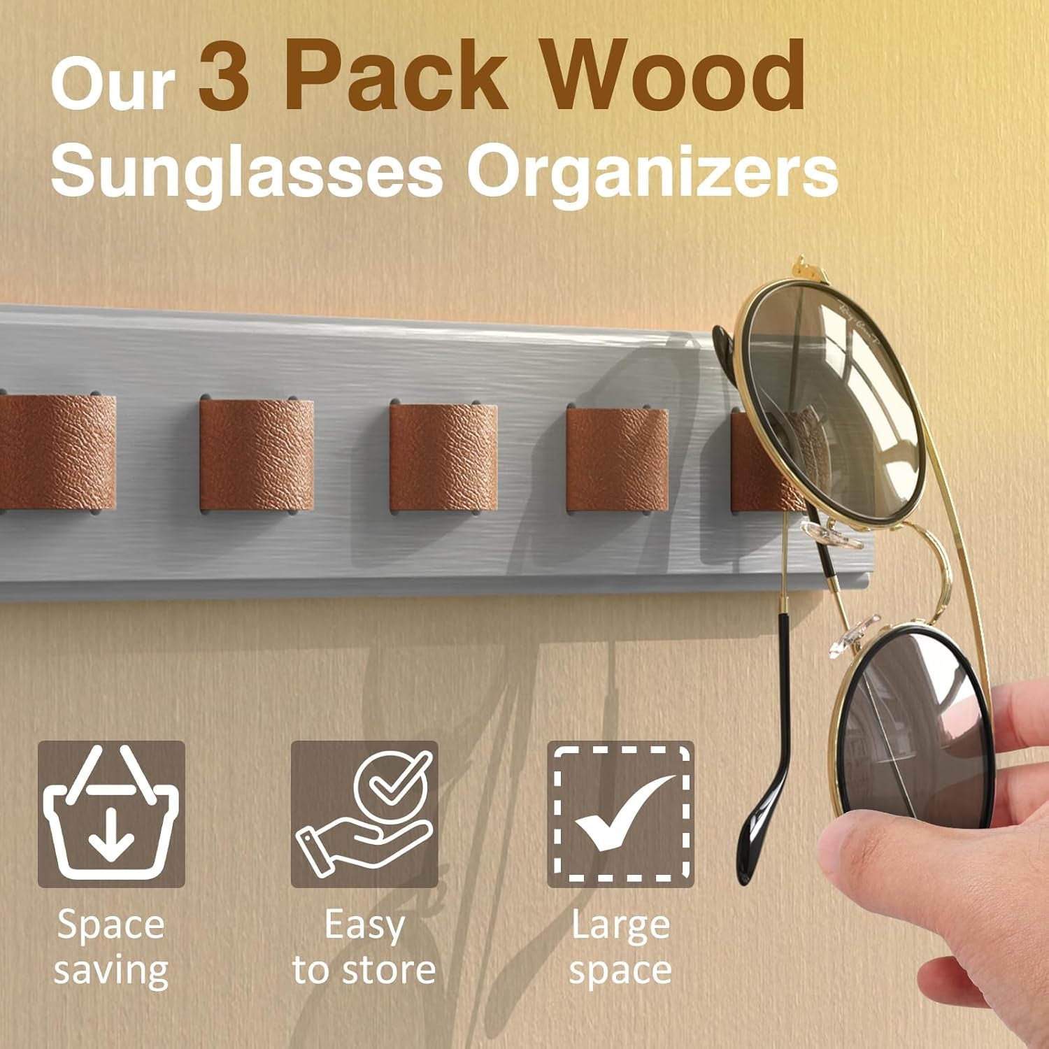 3 Pack Sunglass Organizer, Wall Mounted Sunglasses Organizer, Wooden Glasses Holder Sunglass Holder, Sunglasses Rack for Hanging Your Multiple Eyeglasses, for Wall, Home Decor(Light Grey)