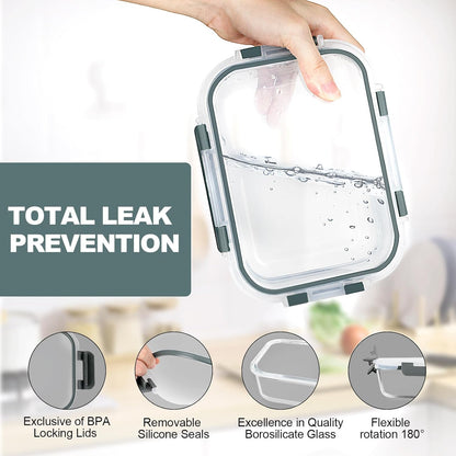 22 OZ Glass Meal Prep Containers Set - 10 Pack, Airtight Glass Lunch Containers with Lids, BPA-Free, Suitable for Microwave, Oven, Freezer & Dishwasher, Grey