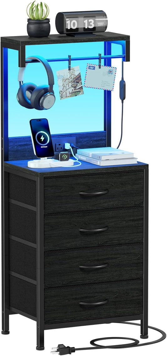 Elegant Tall Nightstand with Integrated Charging Station, LED Lighting, and Ample Storage Shelves, Versatile Bedside Table for Bedroom, Hallway, or Office, Featuring 4 Fabric Drawers in Black Oak Finish
