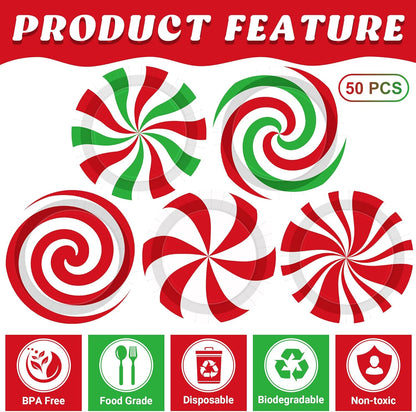 50 PCS Christmas Paper Plates, 9" Christmas Plates Disposable Party Set, 6 Designs Red White Green Candy Design Xmas Dinnerware, Xmas Tableware for Winter Ugly Sweater Party