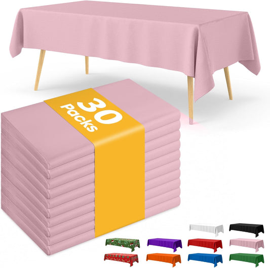 Pink Plastic Table Cloth - 30 Pack 54" × 108" Rectangle Disposable Tablecloths for 6FT Tables, Waterproof Table Cover for Party, Holiday & Gathering Use