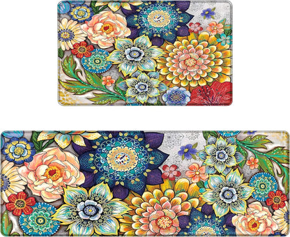 Boho Floral Kitchen Rugs Mats for Floor 2 Piece Memory Foam Padded Kitchen Mats anti Fatigue Non Slip Cushioned Comfort Standing Mat, 17.3X28+17.3X47 Inch