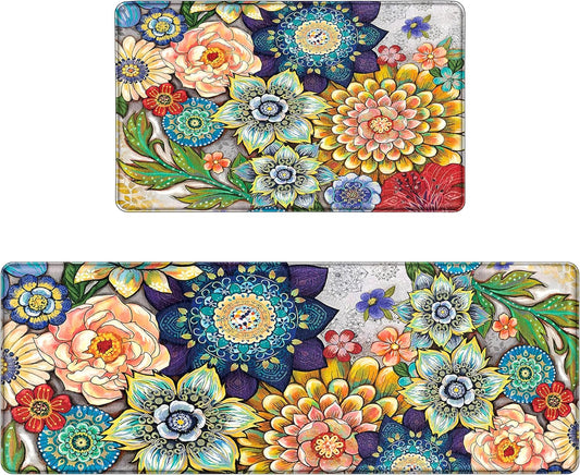 Boho Floral Kitchen Rugs Mats for Floor 2 Piece Memory Foam Padded Kitchen Mats anti Fatigue Non Slip Cushioned Comfort Standing Mat, 17.3X28+17.3X47 Inch