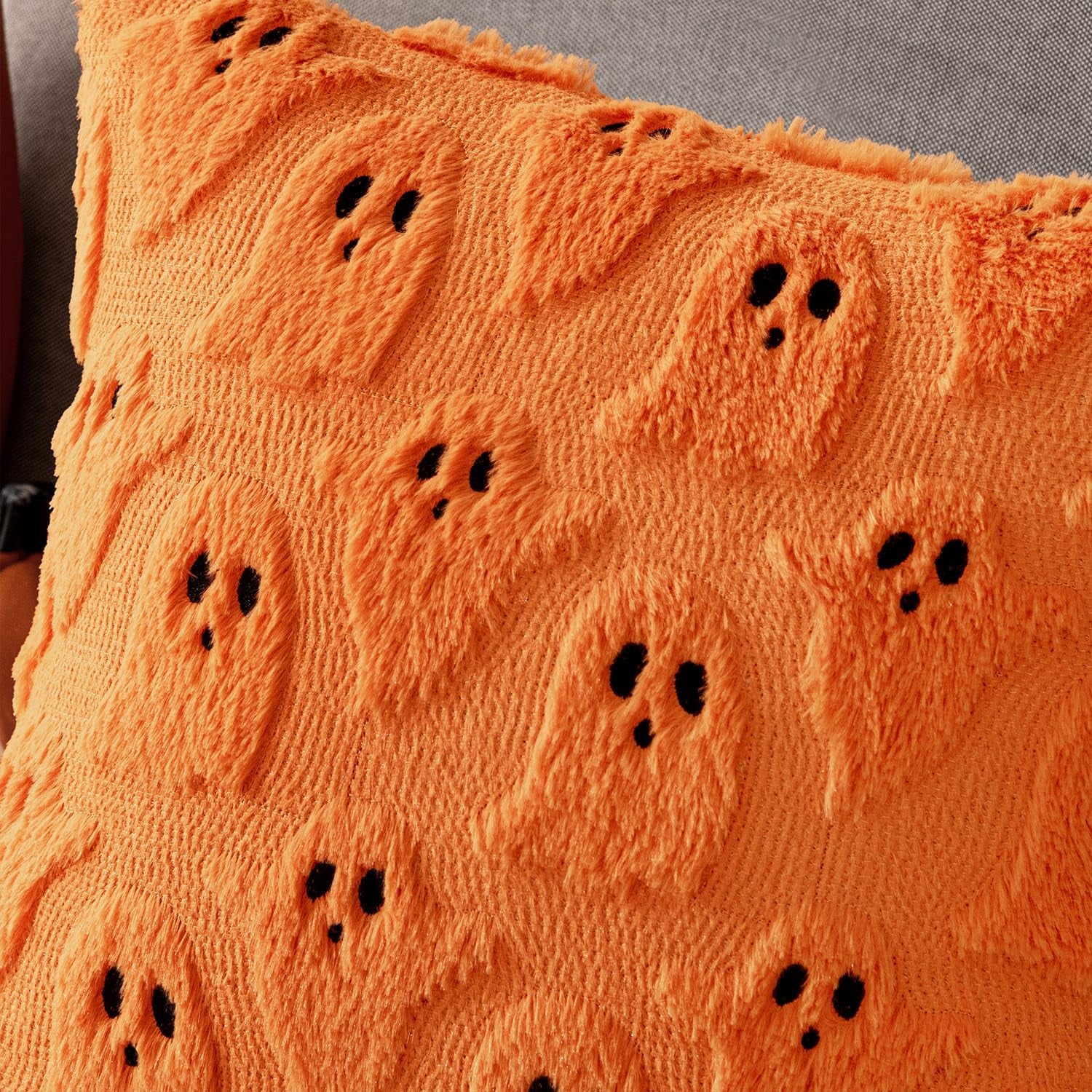 Halloween Decorative Pillow Covers - Set of 2 Soft Plush Faux Fur Ghost Design Cushions for Couch, Sofa, Bed, and Porch - 18x18 Inches - Orange Fall Decor