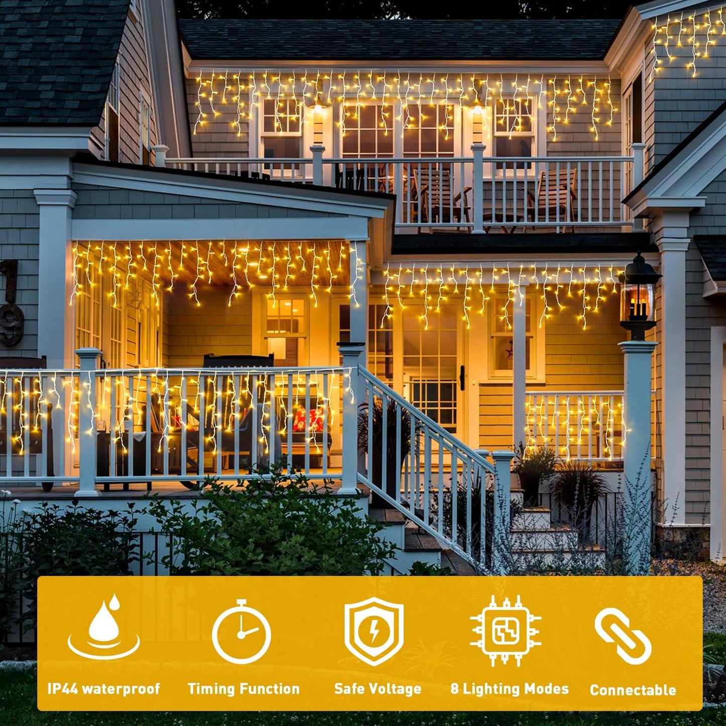 38.8FT Icicle Lights for Outside, 400 LED Icicle Christmas Light Outdoor Indoor Plug In, Warm White Curtain String Lights for Wedding House Patio Party Fireplace Holiday Decorations